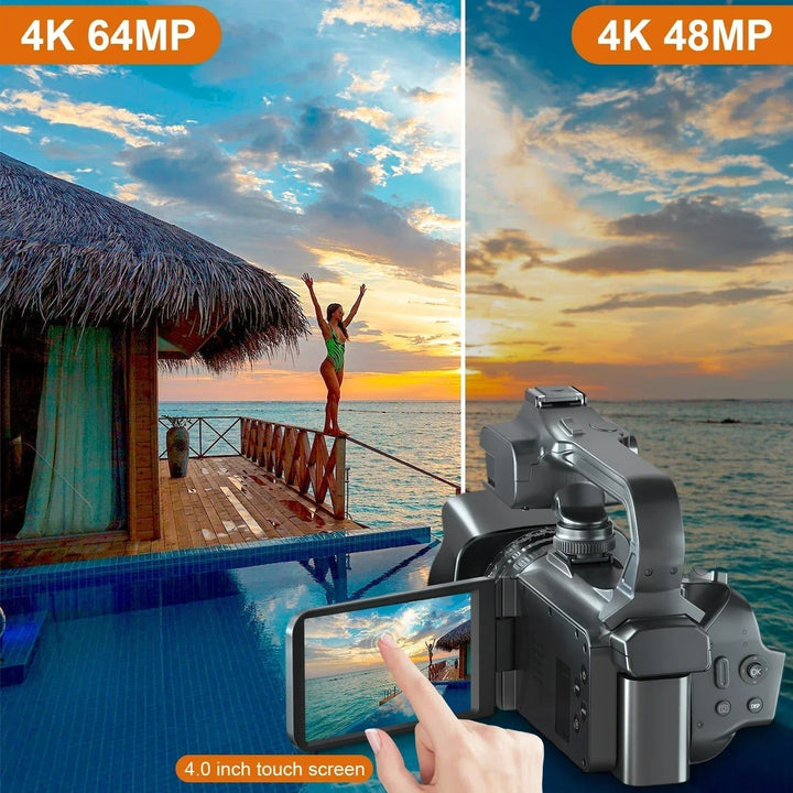 "UHD 4K camcorder for vlogging with 18X zoom, rotating touchscreen, capturing detailed videos, perfect for content creators."