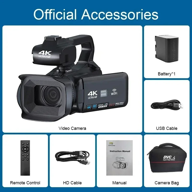 "UHD 4K camcorder for vlogging with 18X zoom, rotating touchscreen, capturing detailed videos, perfect for content creators."
