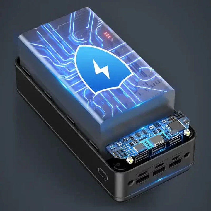Ultra capacity 50K mAh power bank with versatile use, shown in sleek design and compact size for portable charging needs.