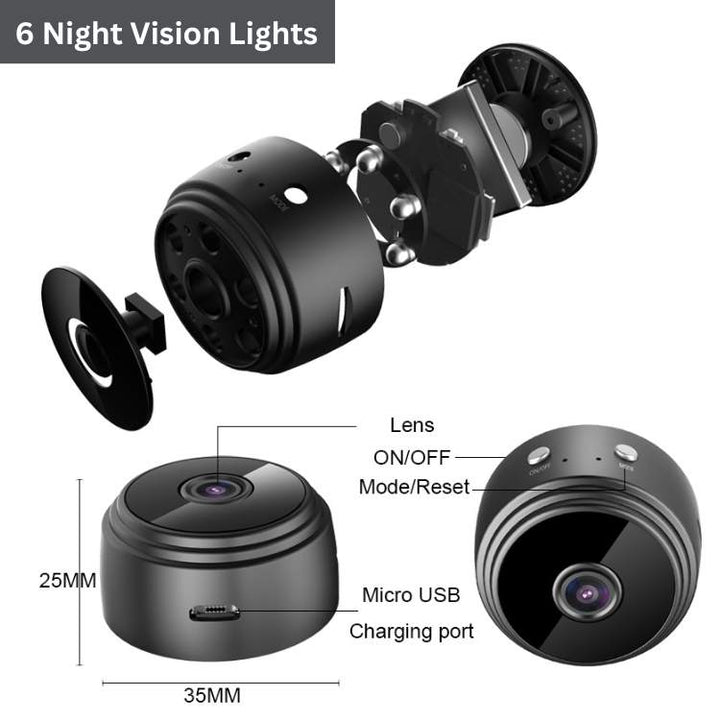 Ultra-Compact HD Security Camera with night vision, sleek mini design, 1080p resolution, 150° wide-angle, infrared LEDs.