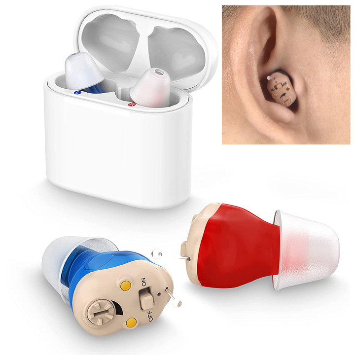 "Ultra-discreet rechargeable invisible hearing aids, sleek blue and red design, perfect for enhanced auditory clarity."