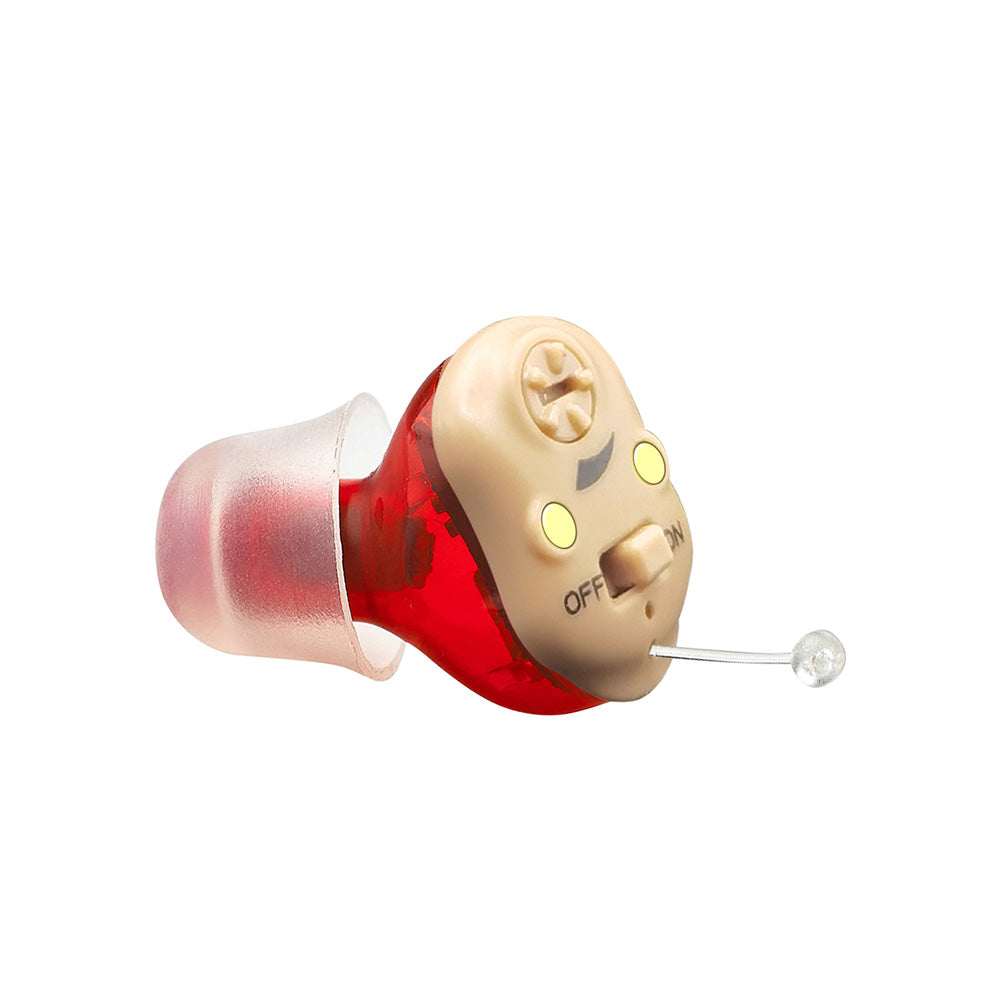 "Ultra-discreet rechargeable invisible hearing aids, sleek blue and red design, perfect for enhanced auditory clarity."