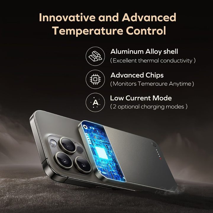 Ultra-slim aluminum power bank with sleek design, available in black, gray, or purple; ideal for portable device charging.