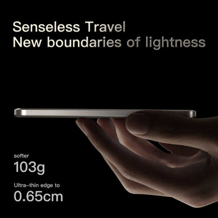 Ultra-slim aluminum power bank with sleek design, available in black, gray, or purple; ideal for portable device charging.