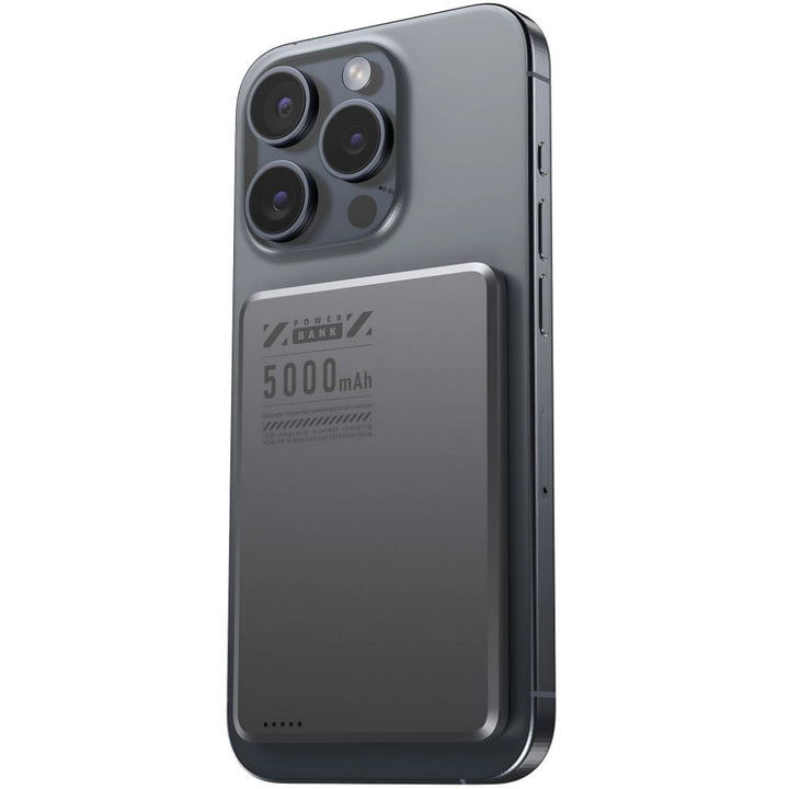 Ultra-slim aluminum power bank with sleek design, available in black, gray, or purple; ideal for portable device charging.