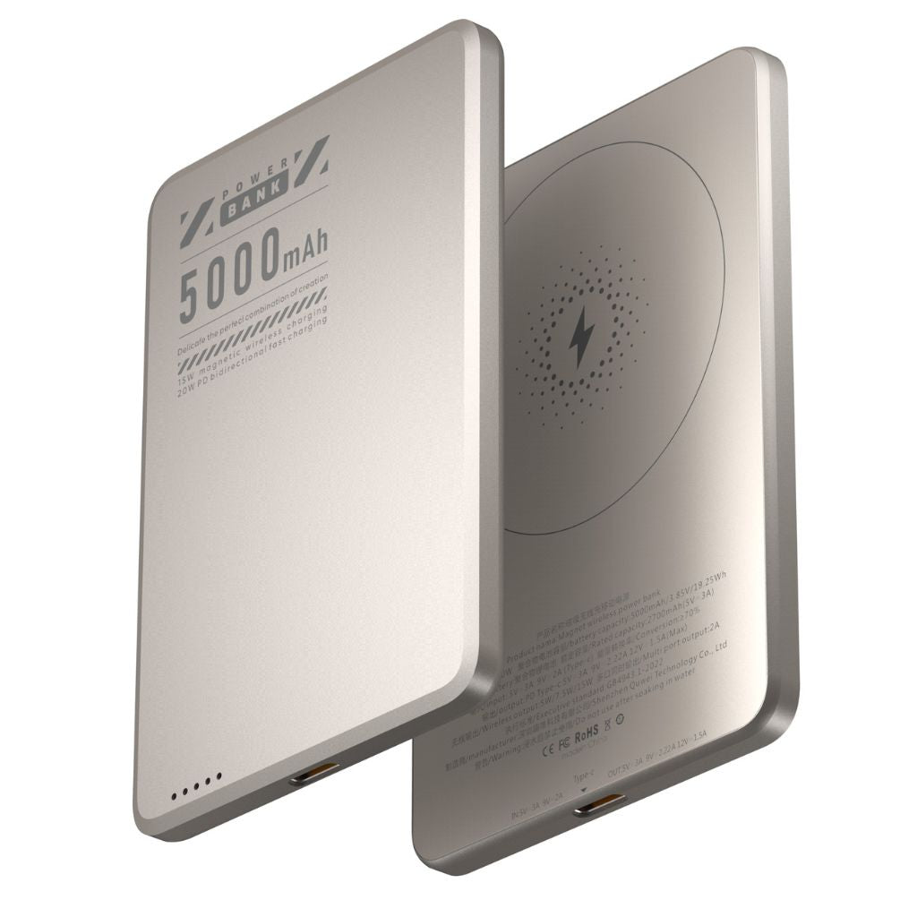 Ultra-slim aluminum power bank with sleek design, available in black, gray, or purple; ideal for portable device charging.