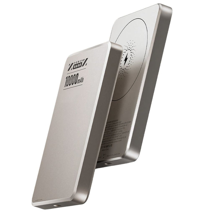 Ultra-slim aluminum power bank with sleek design, available in black, gray, or purple; ideal for portable device charging.