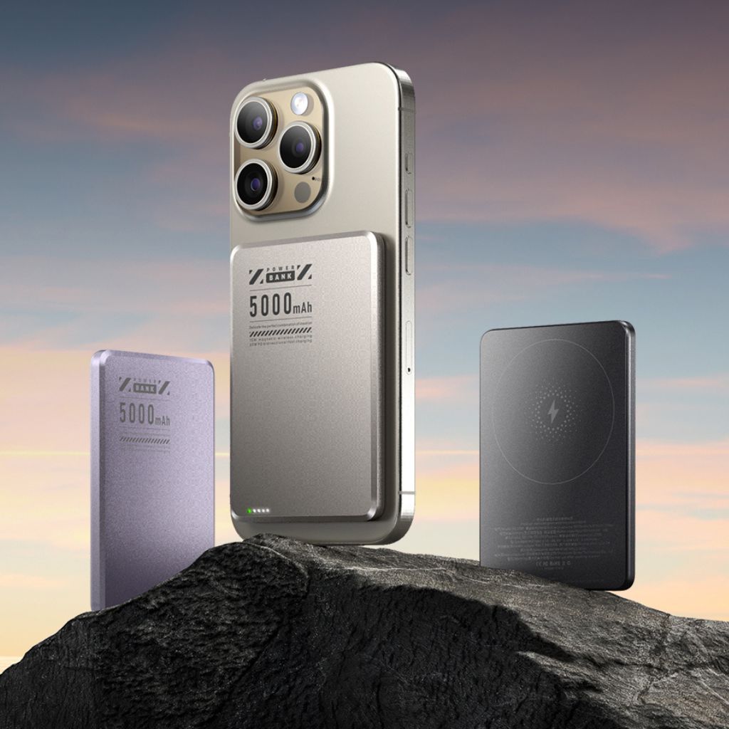 Ultra-slim aluminum power bank with sleek design, available in black, gray, or purple; ideal for portable device charging.