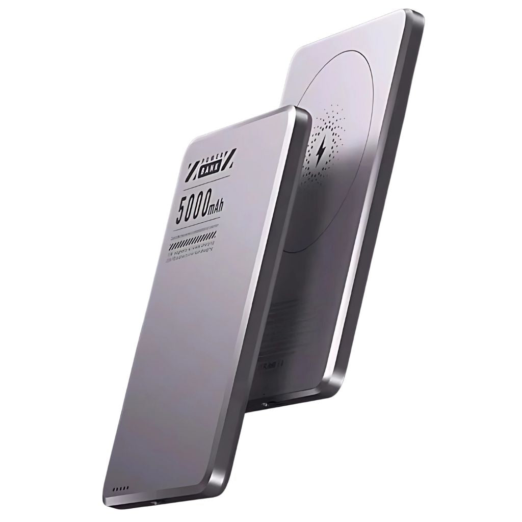 Ultra-slim aluminum power bank with sleek design, available in black, gray, or purple; ideal for portable device charging.