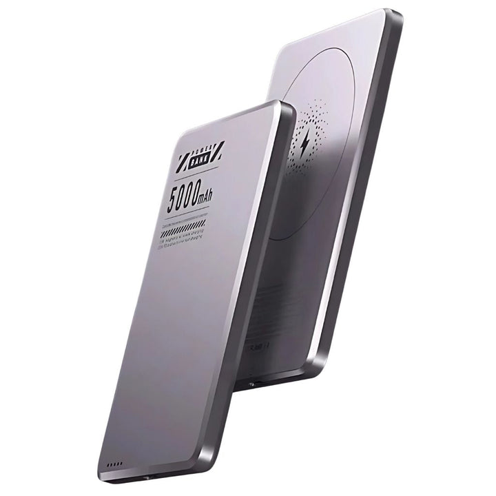 Ultra-slim aluminum power bank with sleek design, available in black, gray, or purple; ideal for portable device charging.