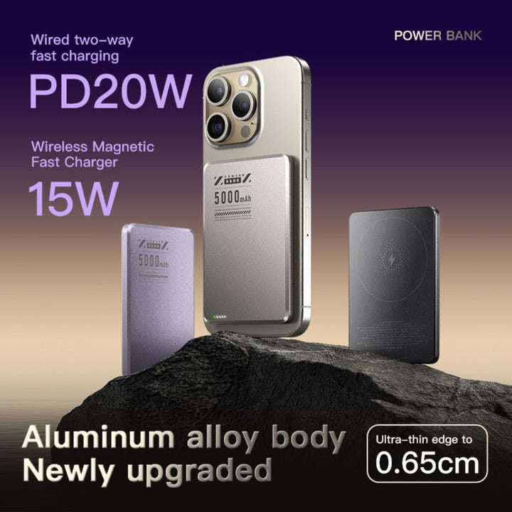 Ultra-slim aluminum power bank with sleek design, available in black, gray, or purple; ideal for portable device charging.