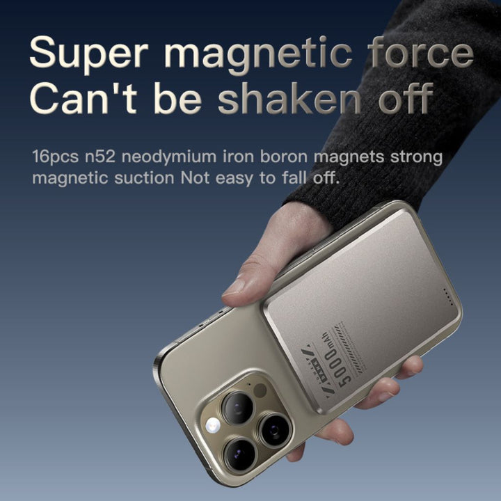 Ultra-slim aluminum power bank with sleek design, available in black, gray, or purple; ideal for portable device charging.