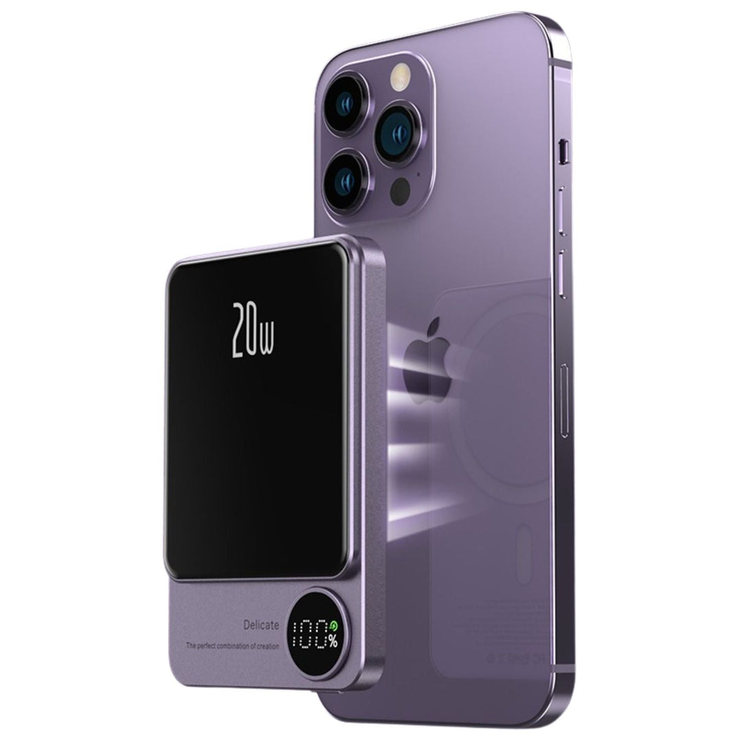 Ultra-slim magnetic wireless power bank for iPhones, 5000/10000mAh, sleek design, in Black, Green, Purple.