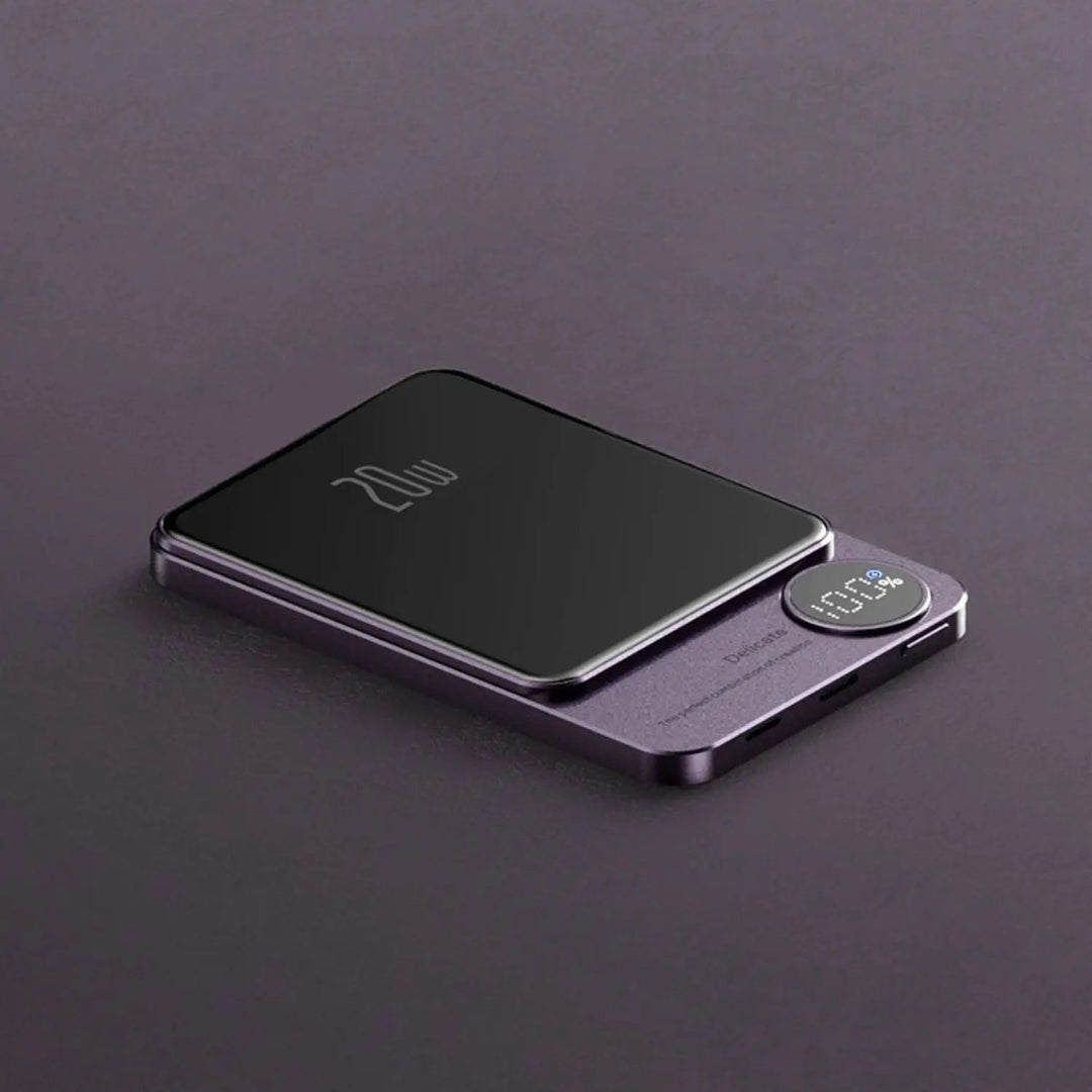 Ultra-slim magnetic wireless power bank for iPhones, 5000/10000mAh, sleek design, in Black, Green, Purple.