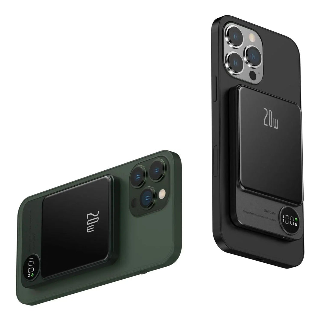 Ultra-slim magnetic wireless power bank for iPhones, 5000/10000mAh, sleek design, in Black, Green, Purple.