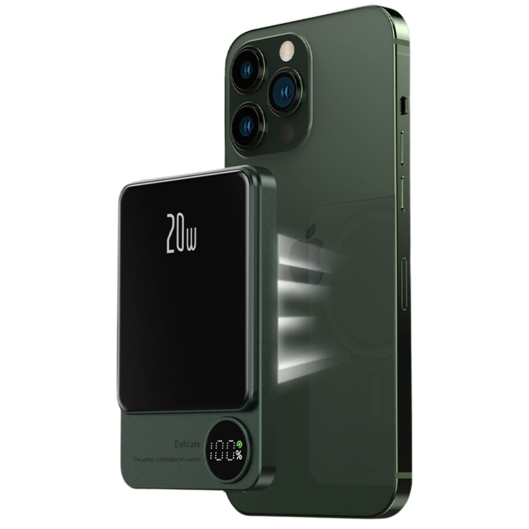 Ultra-slim magnetic wireless power bank for iPhones, 5000/10000mAh, sleek design, in Black, Green, Purple.
