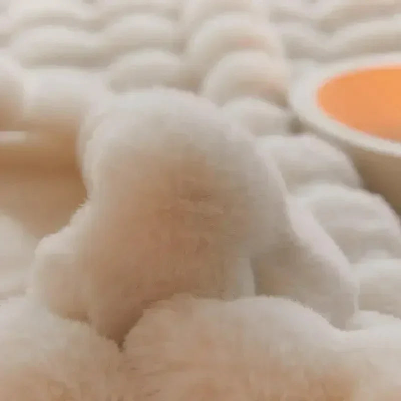 "Ultra-soft faux fur throw blanket, plush texture, beige cream tones, cozy decoration for sofa or bed."