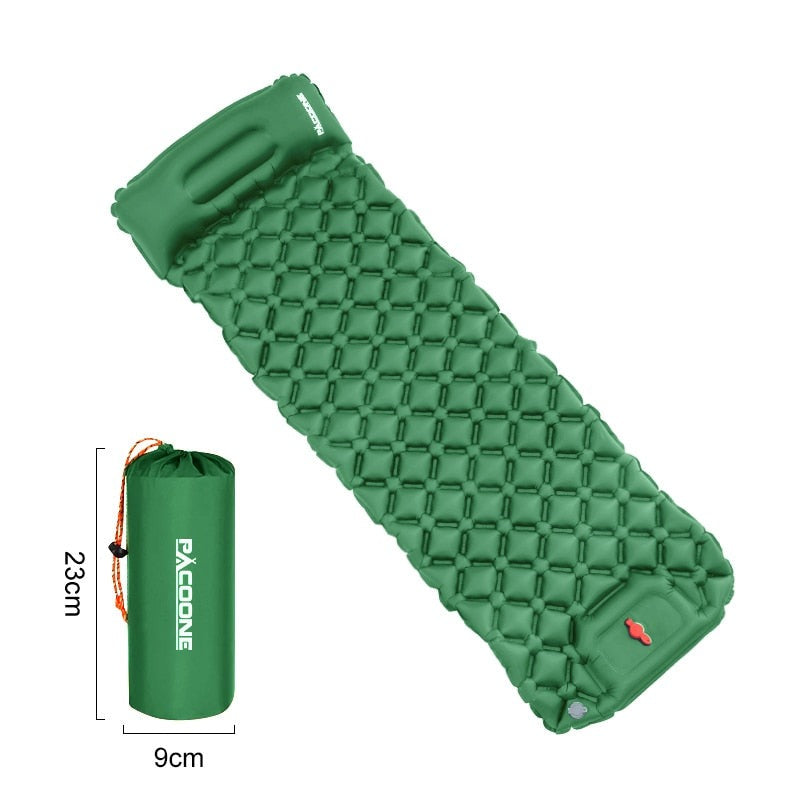 Compact ultralight backpacking sleeping mat, waterproof air mattress with built-in pump.