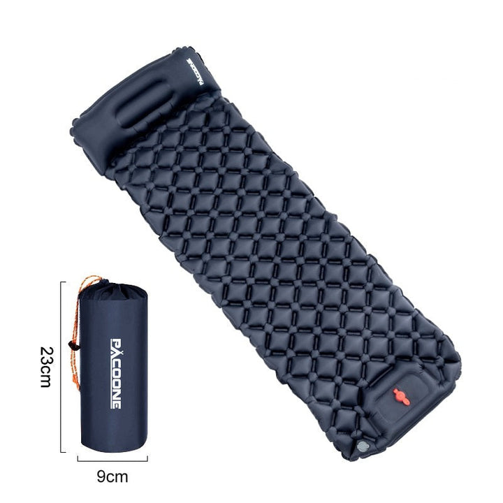 Compact ultralight travel sleeping mat, waterproof air mattress with integrated pump.