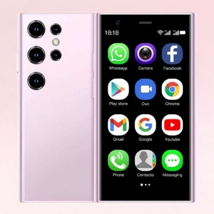 "UltraLite Compact Mini Phone, 3.0 inch HD, smooth edges, lightweight travel-friendly, with Bluetooth, sleek design."