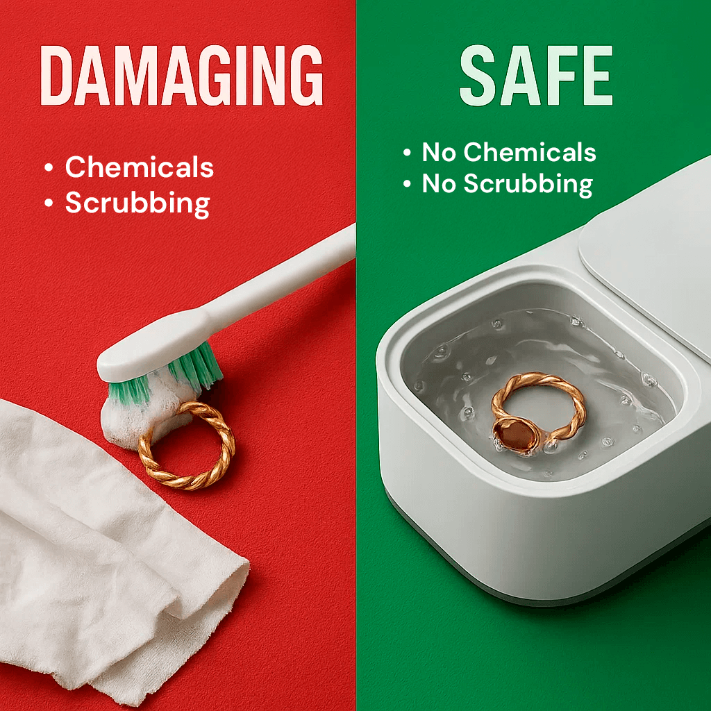 "Ultrasonic cleaning device restoring shine to jewellery, glasses, watches with advanced sound wave technology."