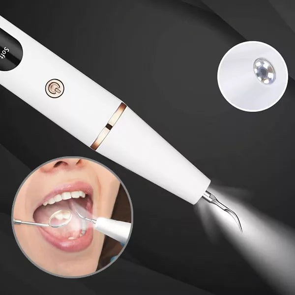 Ultrasonic dental plaque remover with stainless steel heads, designed for precision cleaning and tartar removal at home.