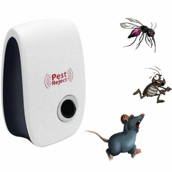 Ultrasonic Pest Repeller device in white with blue LED light, compact design, suitable for home use, safe for pets and kids.