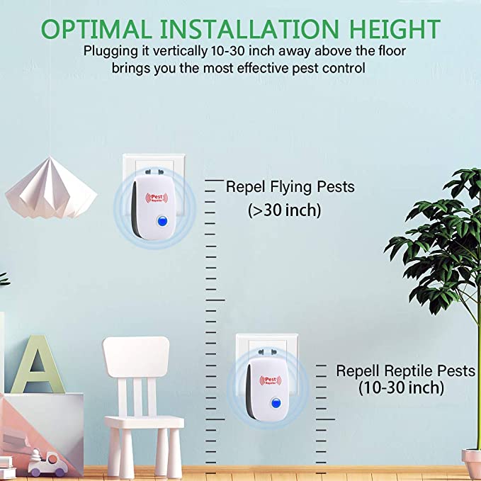 Ultrasonic Pest Repeller device in white with blue LED light, compact design, suitable for home use, safe for pets and kids.