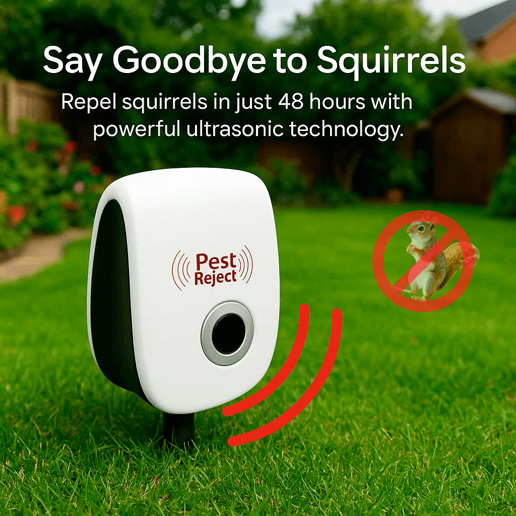 "Ultrasonic squirrel repeller device for outdoor pest control, eco-friendly, silent, blends into garden décor, effective"