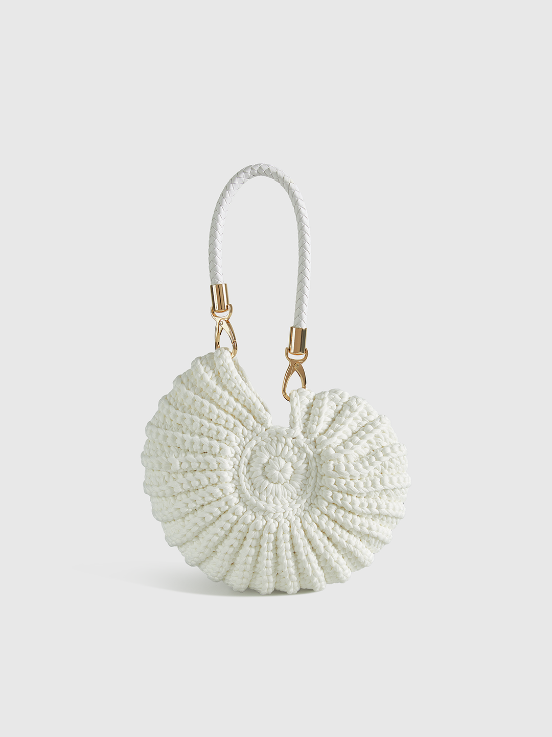 Unique conch-shaped crocheted handbag for women, elegant polyester shoulder bag with artistic design.