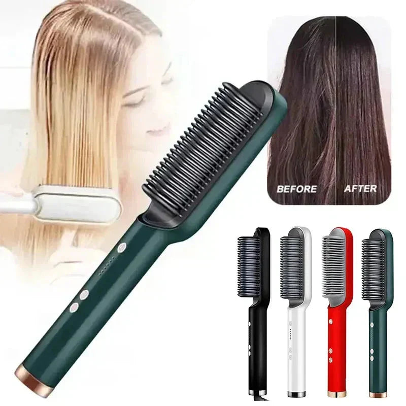 "Unisex 2-in-1 Hair Straightening & Curling Brush with ergonomic handle and ceramic bristles, versatile styling tool."