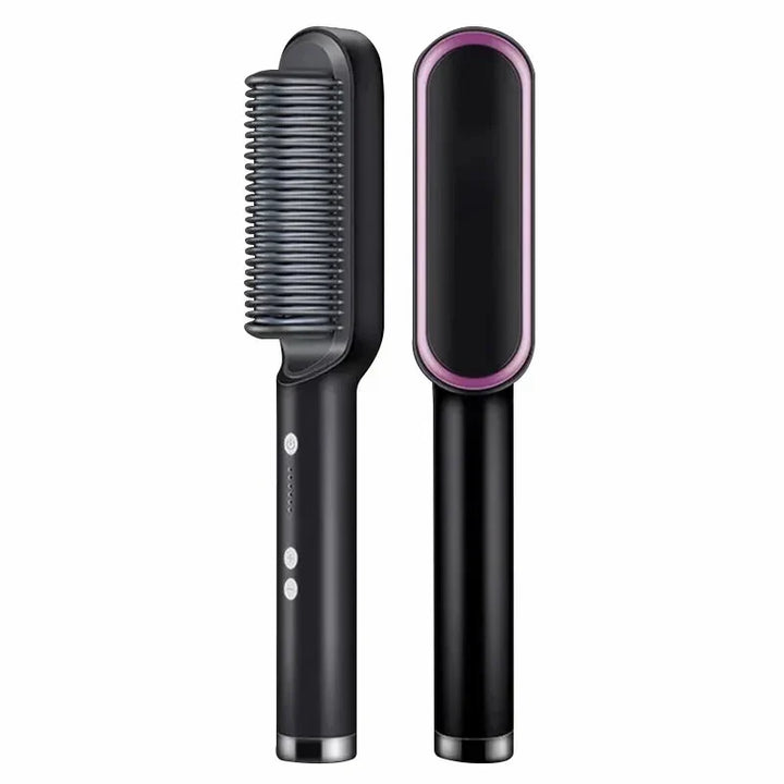 "Unisex 2-in-1 Hair Straightening & Curling Brush with ergonomic handle and ceramic bristles, versatile styling tool."