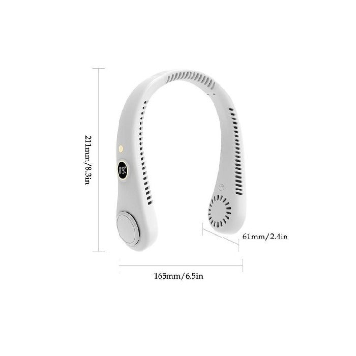 Unisex 5-speed bladeless neck cooling fan in headphone style, offering portable, hands-free, 360-degree airflow comfort.