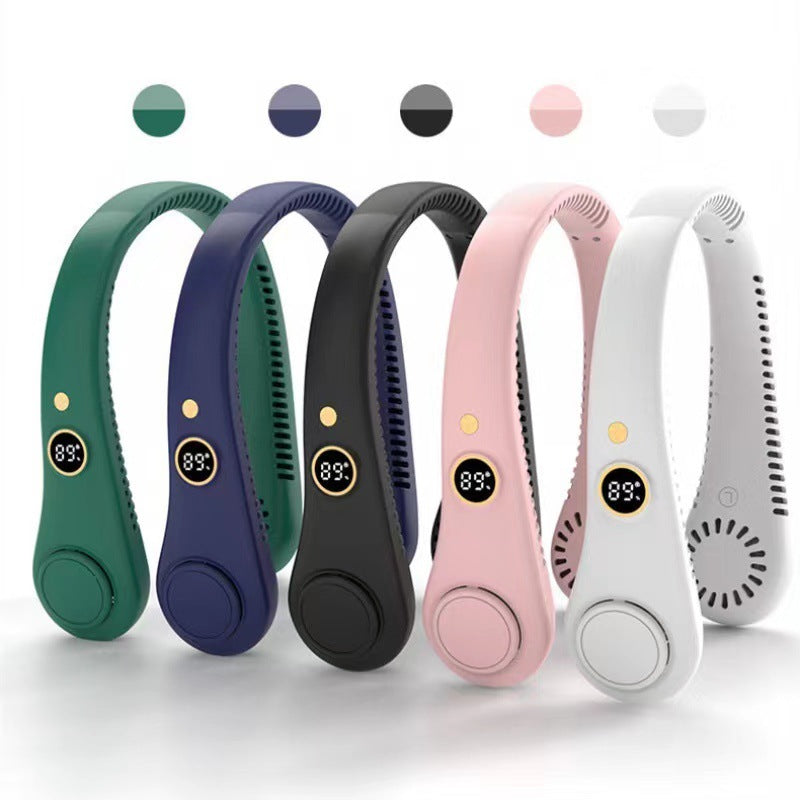 Unisex 5-speed bladeless neck cooling fan in headphone style, offering portable, hands-free, 360-degree airflow comfort.