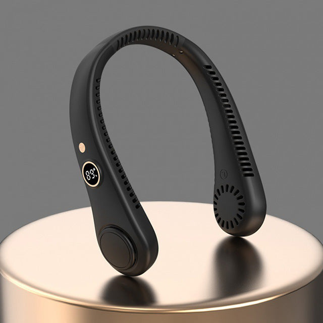 Unisex 5-speed bladeless neck cooling fan in headphone style, offering portable, hands-free, 360-degree airflow comfort.
