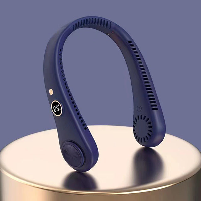 Unisex 5-speed bladeless neck cooling fan in headphone style, offering portable, hands-free, 360-degree airflow comfort.