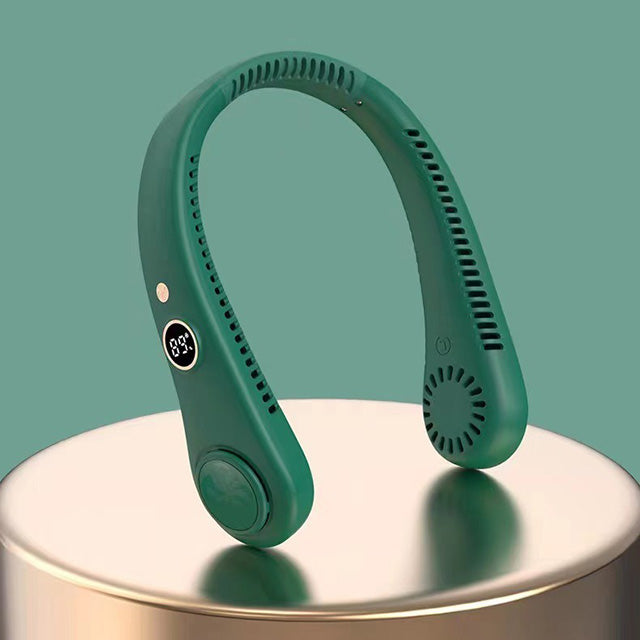 Unisex 5-speed bladeless neck cooling fan in headphone style, offering portable, hands-free, 360-degree airflow comfort.