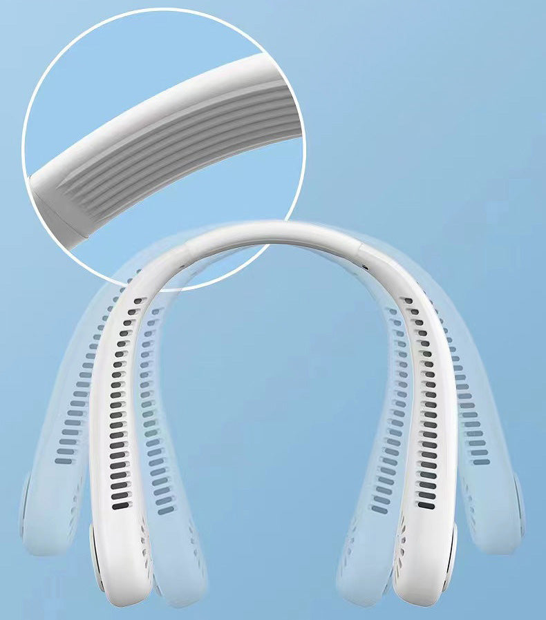 Unisex 5-speed bladeless neck cooling fan in headphone style, offering portable, hands-free, 360-degree airflow comfort.