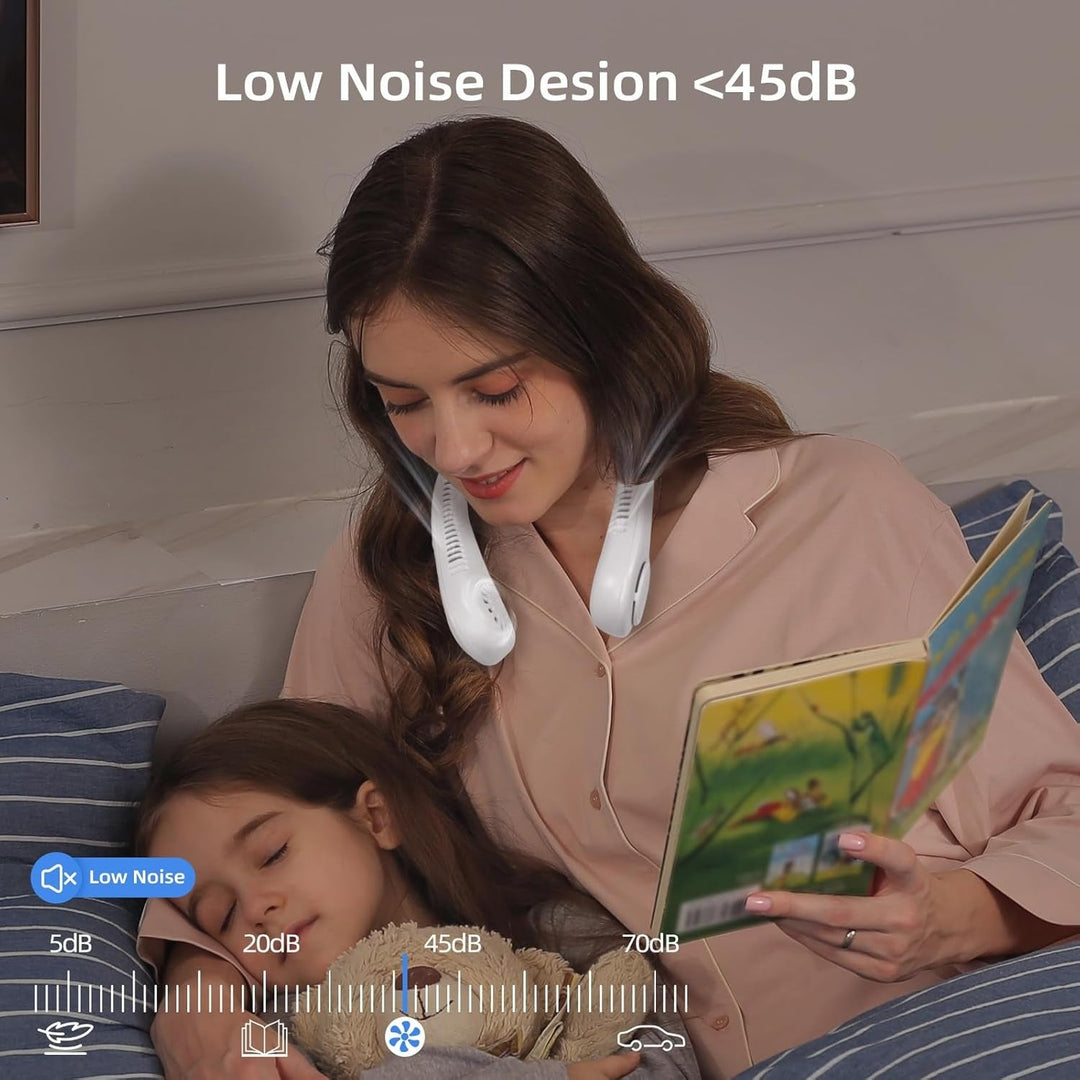 Unisex 5-speed bladeless neck cooling fan in headphone style, offering portable, hands-free, 360-degree airflow comfort.
