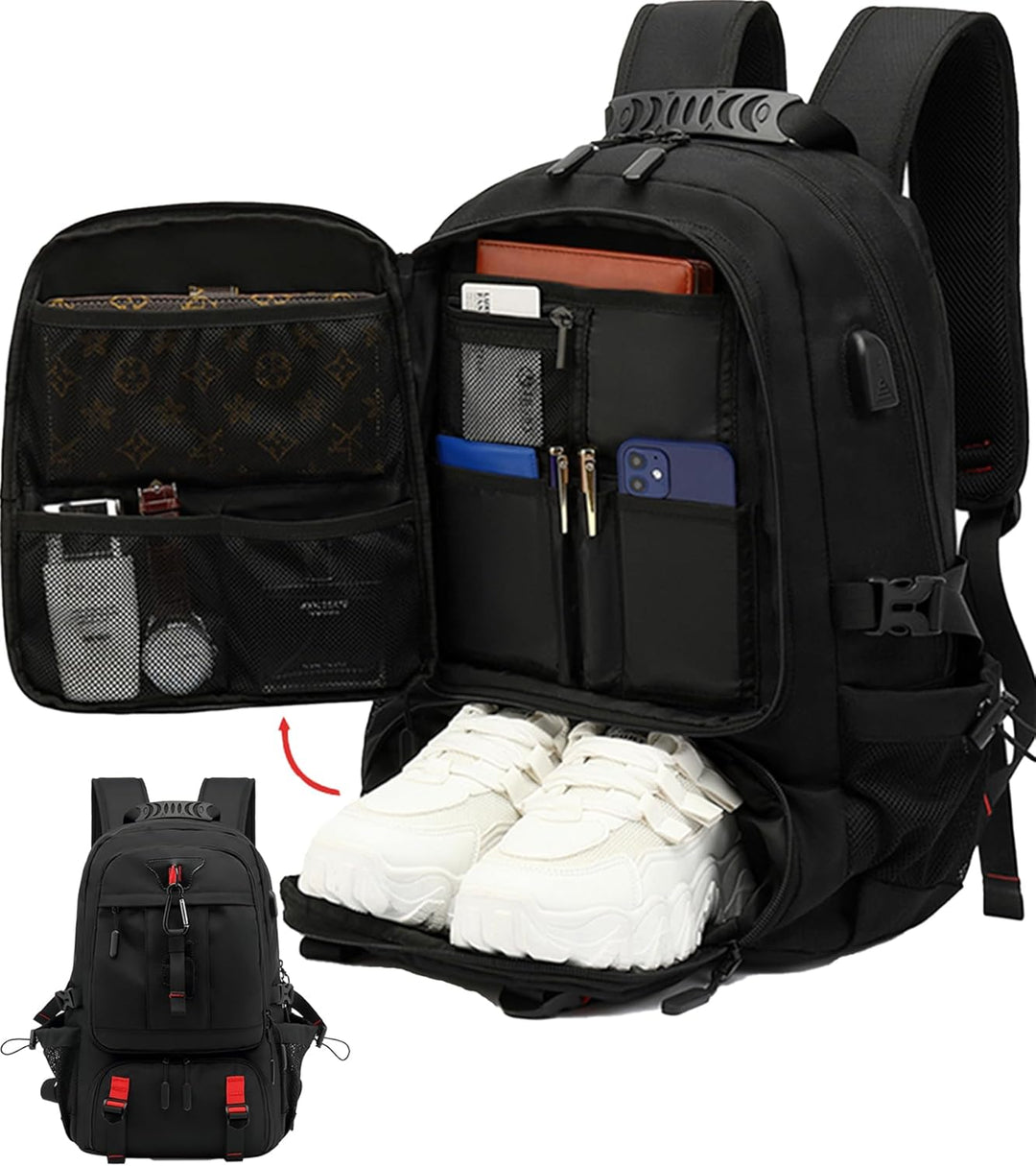Unisex 60L waterproof travel laptop backpack with USB charging port & dedicated shoe compartment. Ideal for trips.