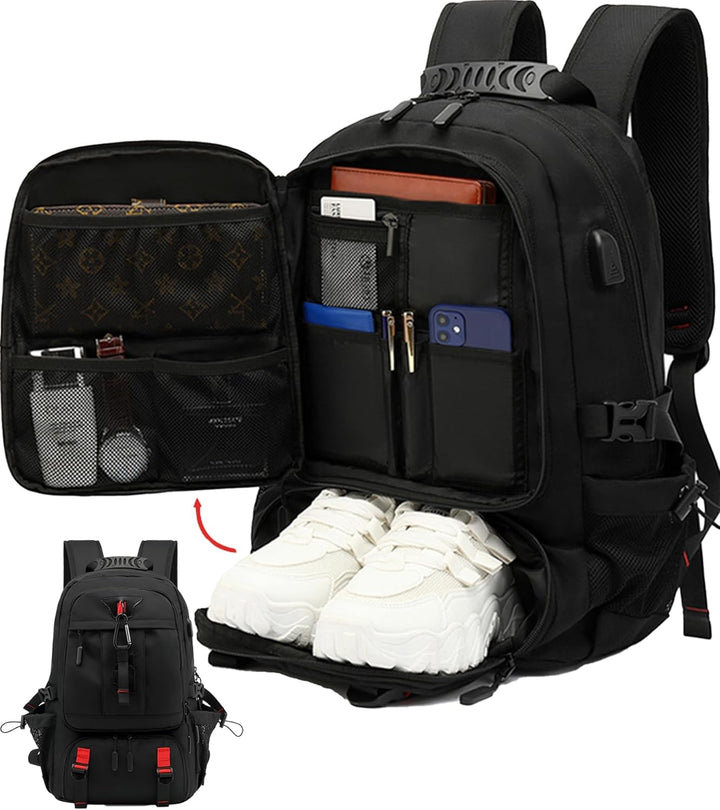 Unisex 60L waterproof travel laptop backpack with USB charging port & shoe compartment for organized trips.