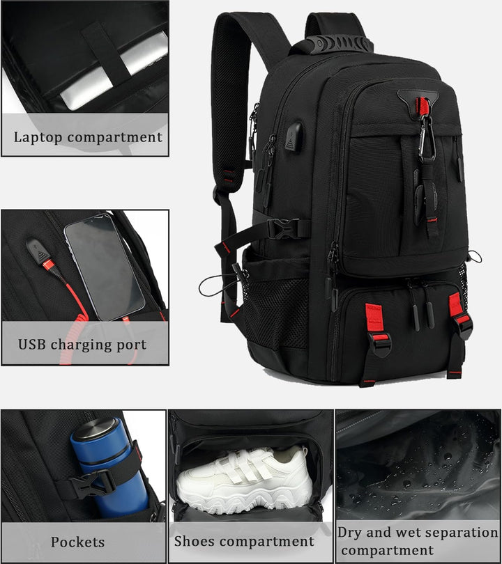 Spacious 60L waterproof travel backpack. Features laptop sleeve, USB port, & ventilated shoe compartment for organized packing.
