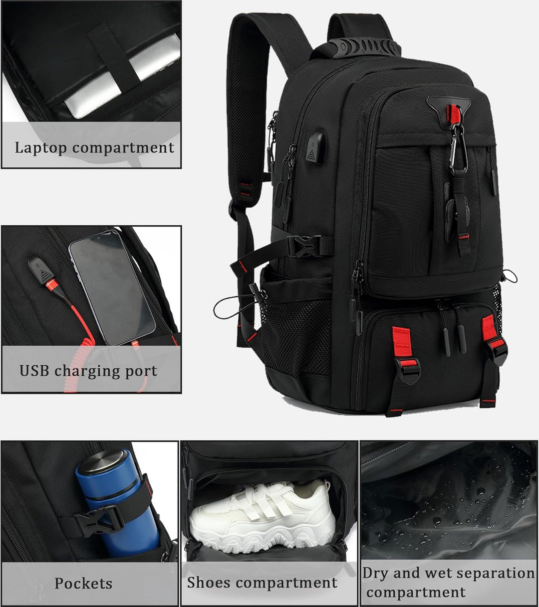 Large 60L waterproof carry-on travel backpack for men & women, featuring laptop sleeve, USB, and shoe storage.