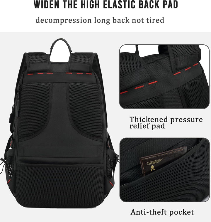 Spacious 60L waterproof travel backpack showing dedicated laptop sleeve, USB port & bottom shoe compartment.