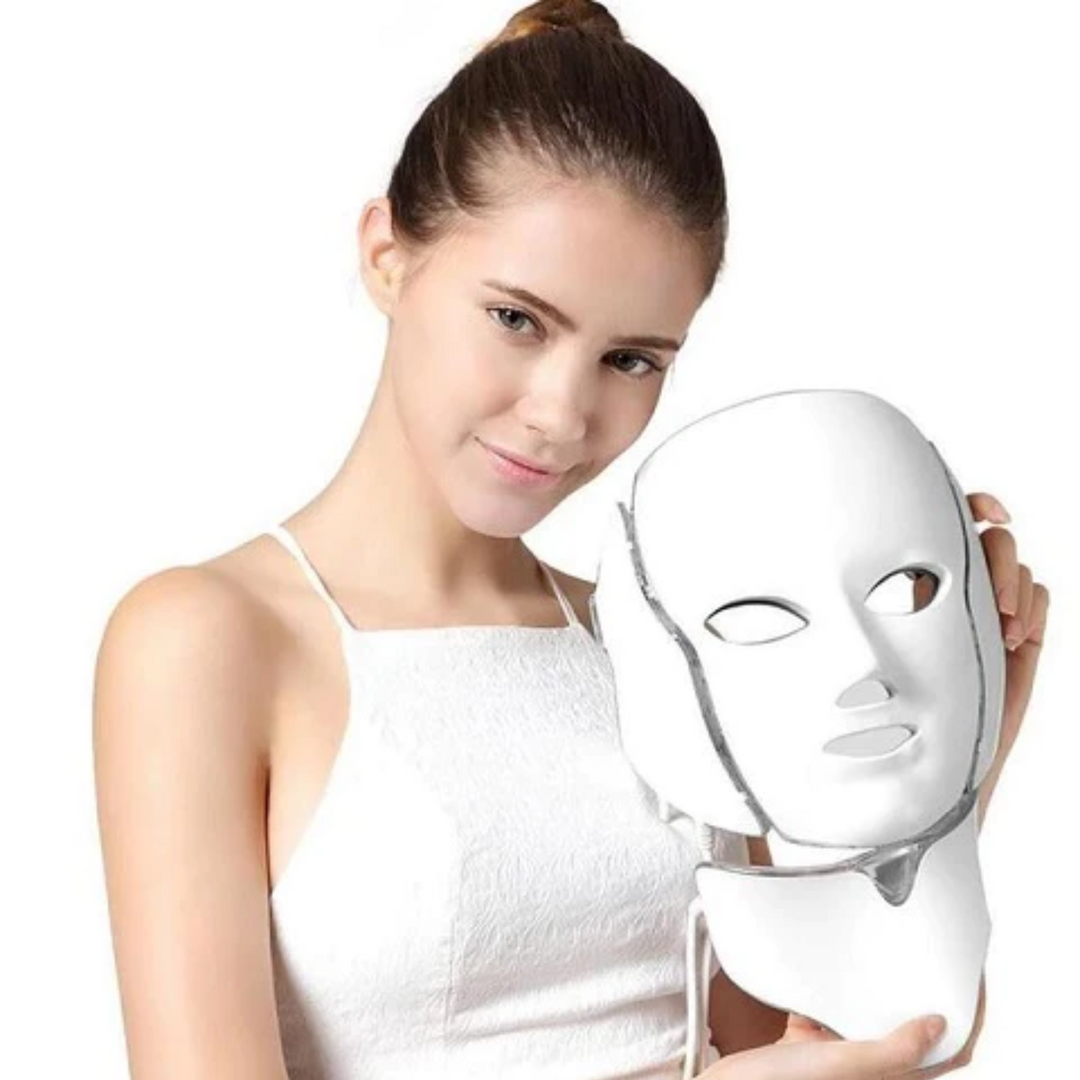 "Unisex 7 Colours LED Photon Light Therapy Mask with Neck for skincare, featuring adjustable LED lights and neck coverage."