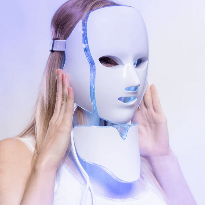 "Unisex 7 Colours LED Photon Light Therapy Mask with Neck for skincare, featuring adjustable LED lights and neck coverage."