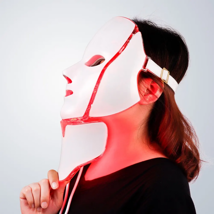 "Unisex 7 Colours LED Photon Light Therapy Mask with Neck for skincare, featuring adjustable LED lights and neck coverage."