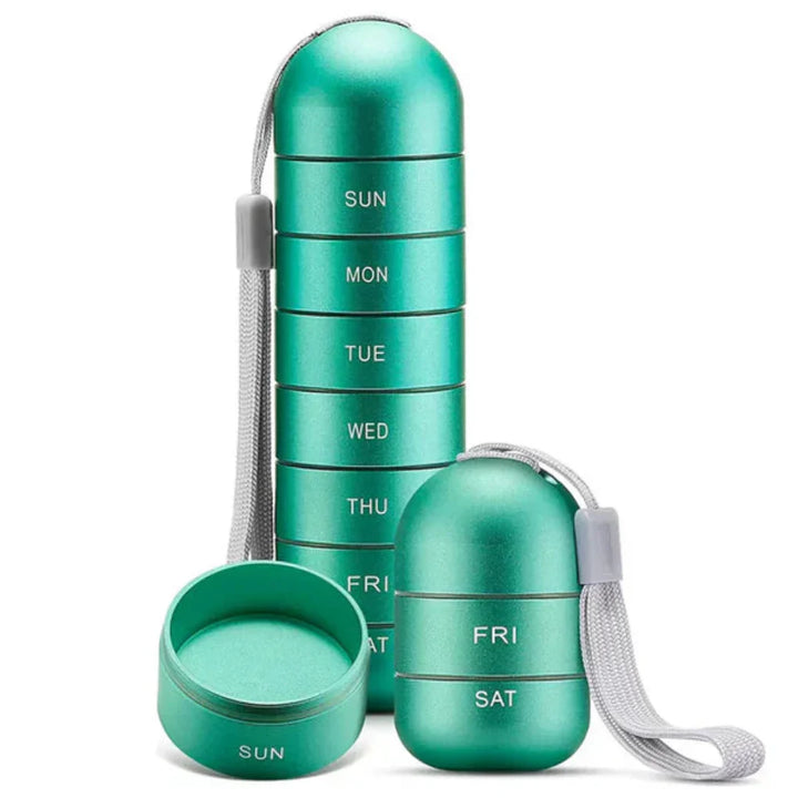 Portable aluminum weekly pill organizer for travel. Waterproof medication case, ideal for daily reminders & supplements.