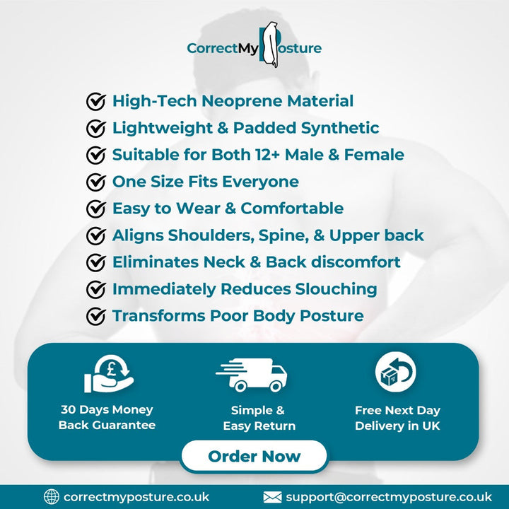 "Unisex adjustable back brace posture corrector, sleek black neoprene, ideal for men and women, promotes better posture."