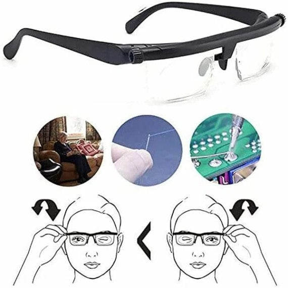 Unisex adjustable focus glasses with sleek design and polycarbonate frame for near and far sight, suited for any head size.